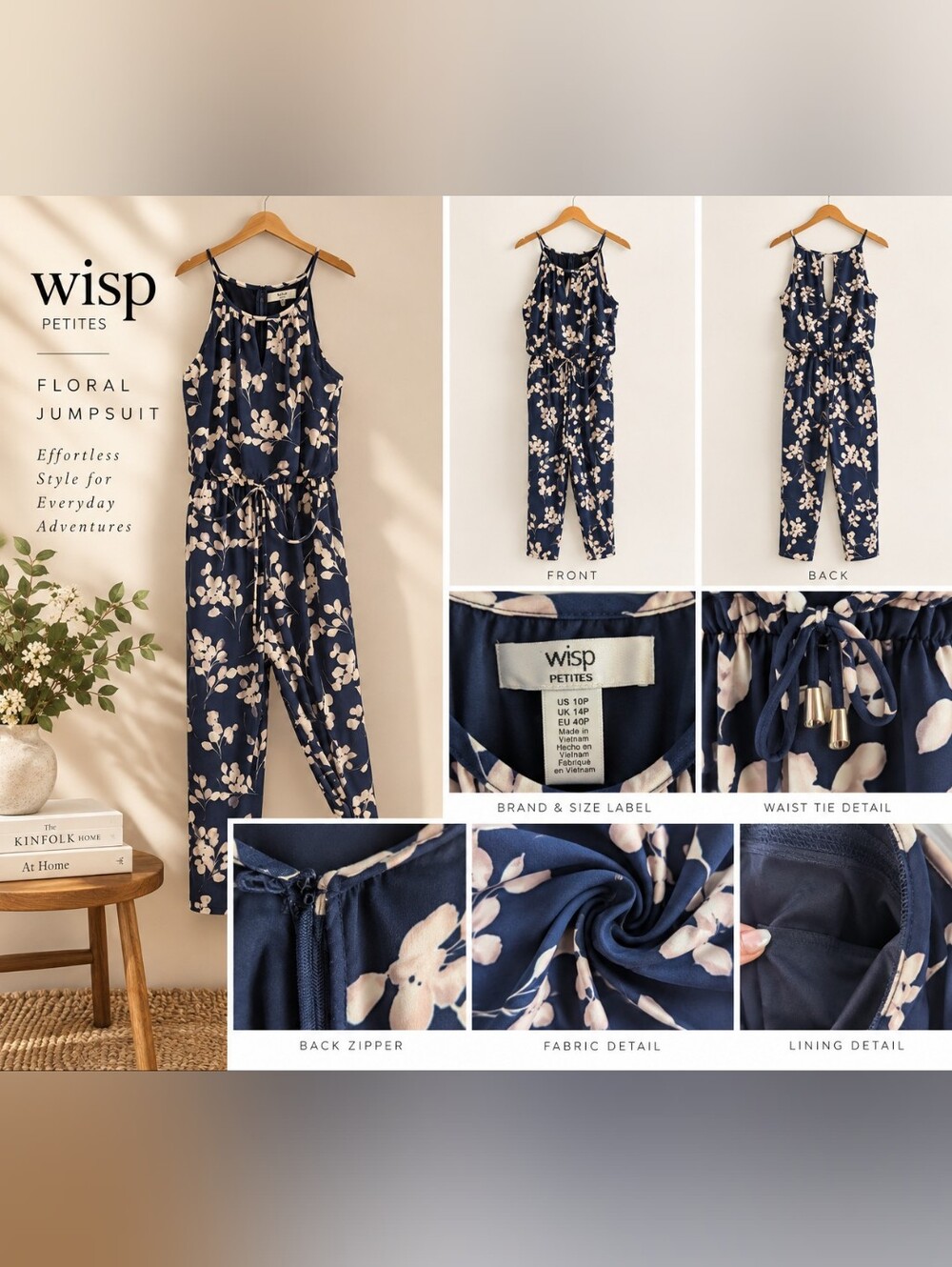 Silky Sleeveless Navy Floral Halter Jumpsuit with Tie Waist & Pockets - 10Petite